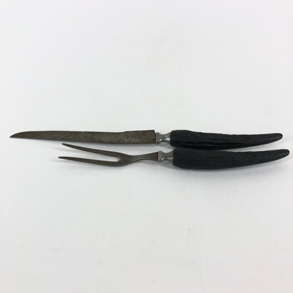 Cattarangus Vanadium Vintage Carving Set With Black Stag Handles